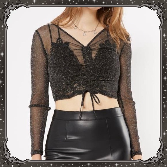 Cropped Sparkle Blouse Top Sheer Glitter Shimmer Ruched Cinched Crop Tie String - Picture 3 of 3